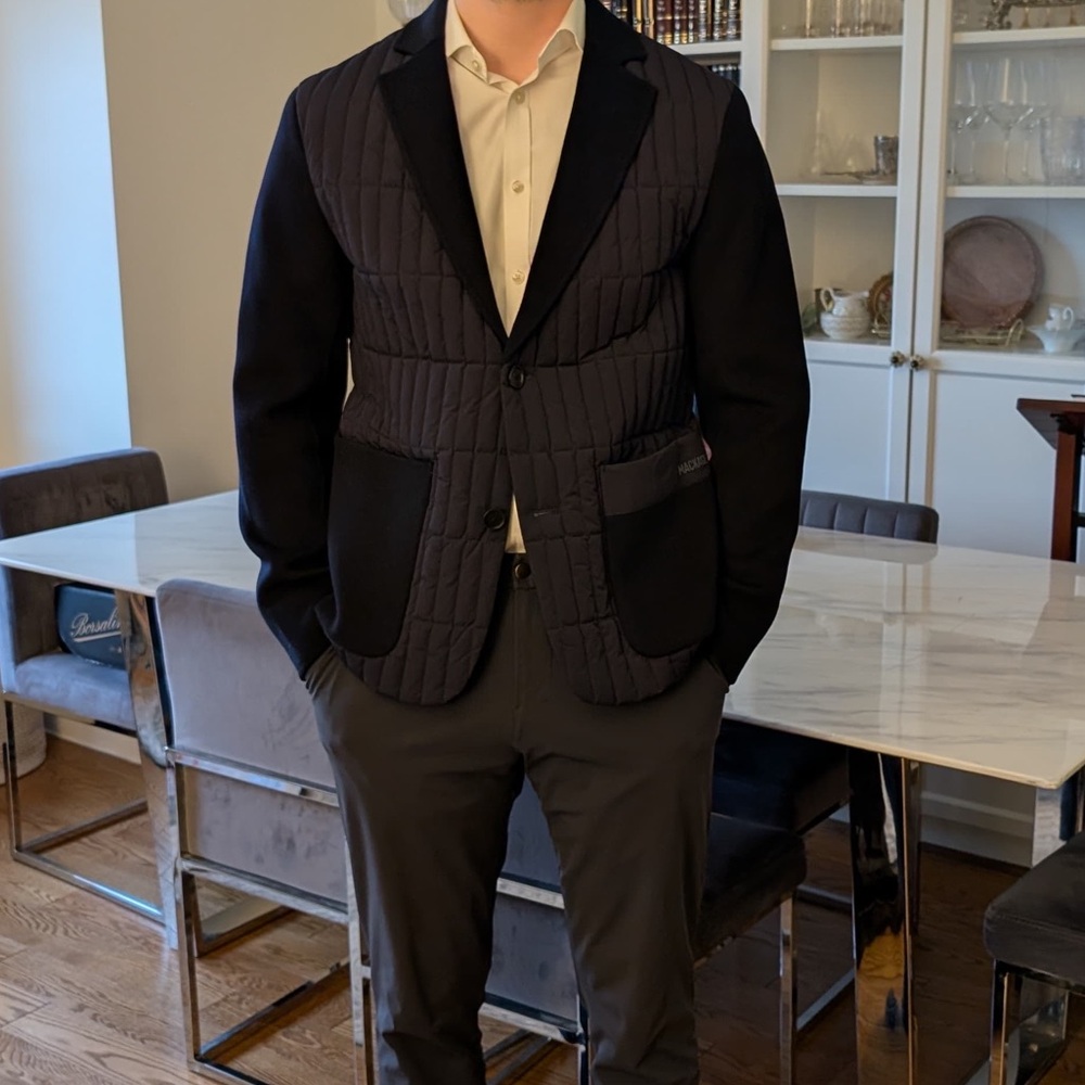 NWT Mackage JOHN Mixed-Media Navy Vertical Quilt Blazer